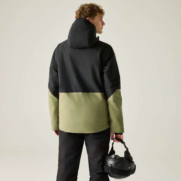 Back of Dare2b Mens Halfpipe IV Olive ski jacket worn by model
