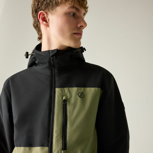 Dare2b Halfpipe IV Olive and Black ski jacket on model showing chest zip and hood
