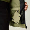 Dare2b Halfpipe IV Olive ski jacket interior snowskirt and technical ratings detail
