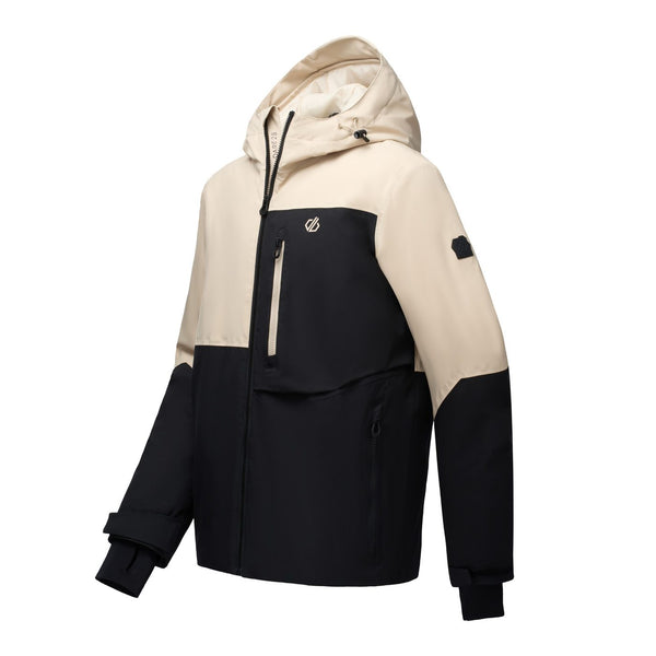 Dare2b Halfpipe IV Pepper mens waterproof ski jacket angled product view showing hood and zip pockets

