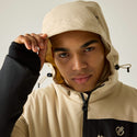 Close-up of Dare2b Halfpipe IV ski jacket Pepper adjustable technical hood worn by model
