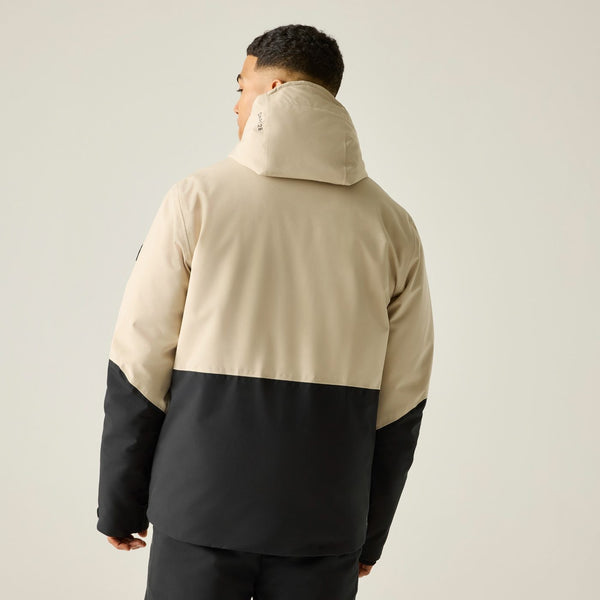 Rear view of Dare2b Mens Halfpipe IV ski jacket in Pepper worn by model
