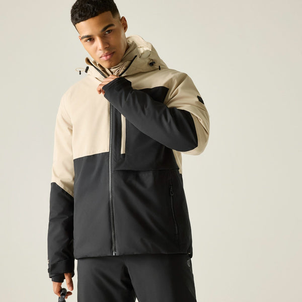 Model wearing Dare2b Mens Halfpipe IV Pepper ski jacket with contrasting black panels
