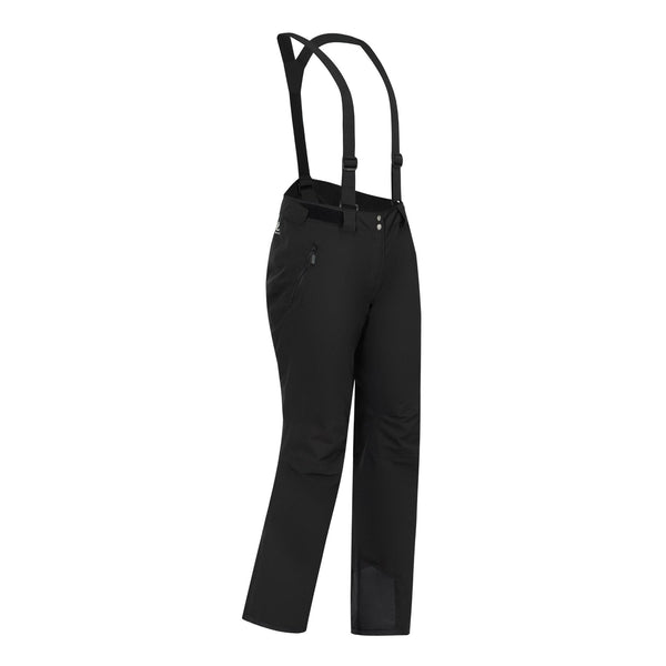 Angled side view of Dare2b Effused III women’s black ski salopettes with braces and zipped pockets
