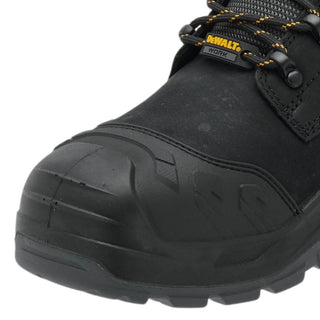 Close-up of reinforced protective toe on DeWalt Bedrock black safety boot.