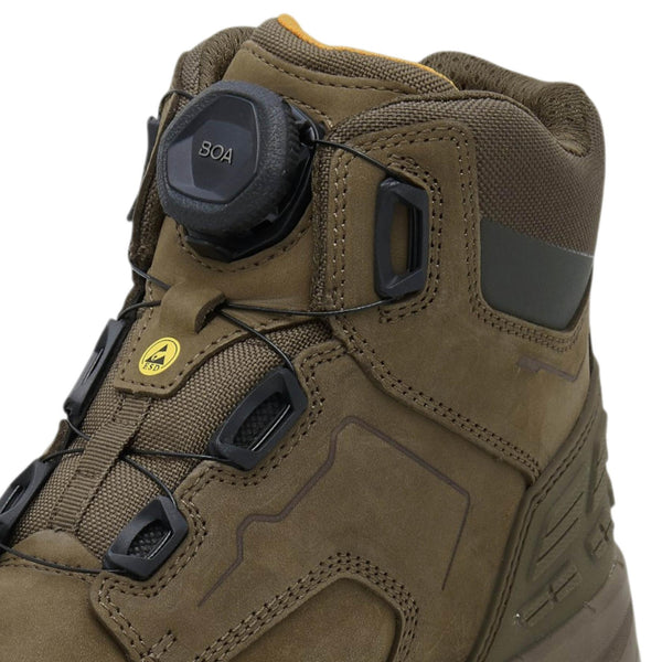 Close-up of DeWalt Foundry Gunsmoke safety boot showing the BOA dial fastening and ESD symbol