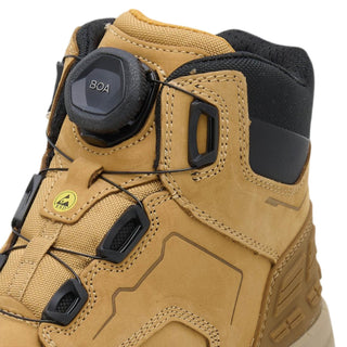 Close-up of DeWalt Foundry Wheat safety boot showing BOA dial fastening and ESD symbol