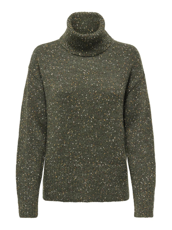 JDY Sabine women’s cowl neck knitted jumper in Forest Night green, front view
