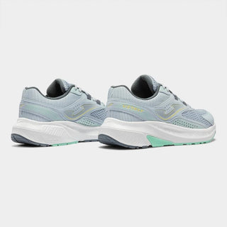 Pair of light blue running shoes with white soles on a white background