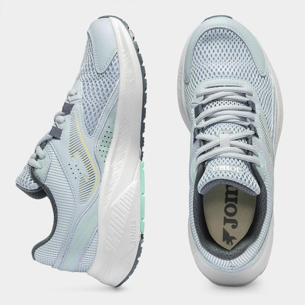 Light blue running shoes with white soles on a light gray background