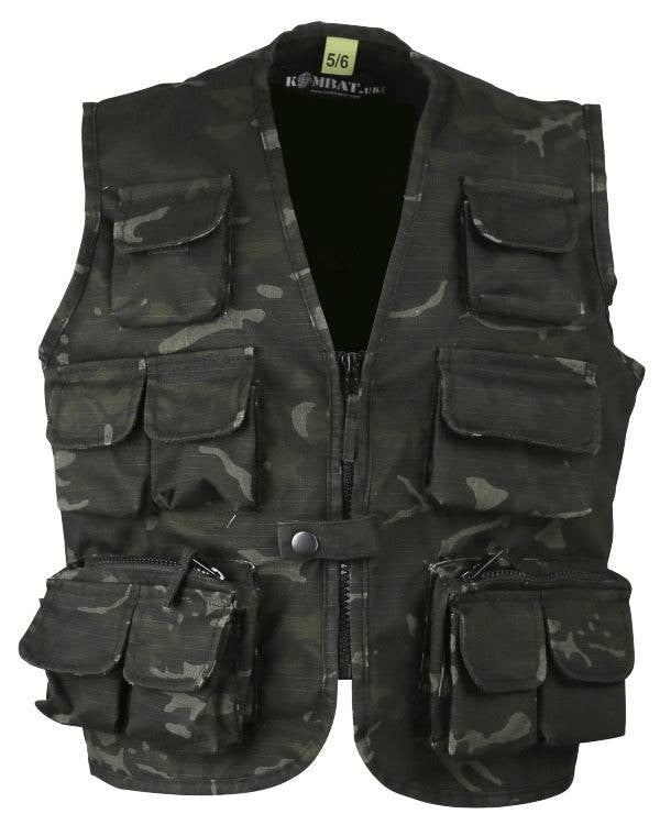 Kombat Kids Tactical Camo Vest in BTP Black – 11 pockets, zip front, polycotton ripstop