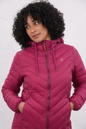 Woman wearing Lighthouse Laurel Berry coat in three-quarter front view