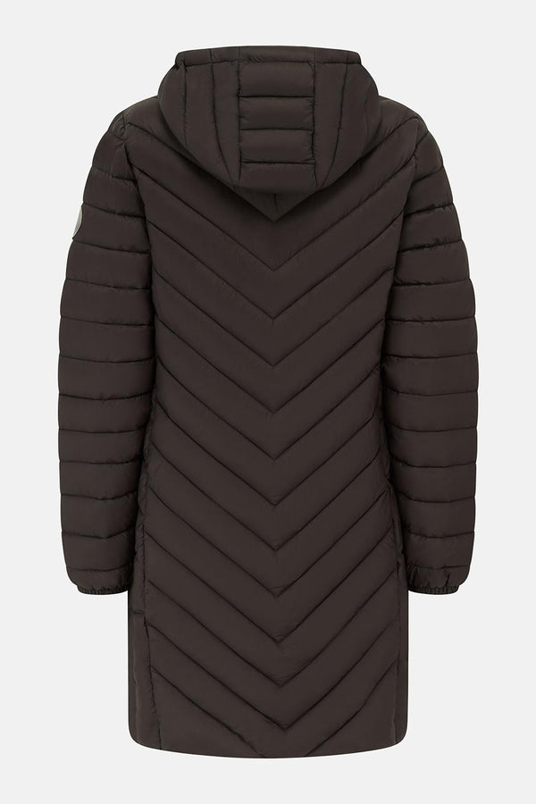 Rear view of Lighthouse Laurel Cocoa coat showing chevron quilting