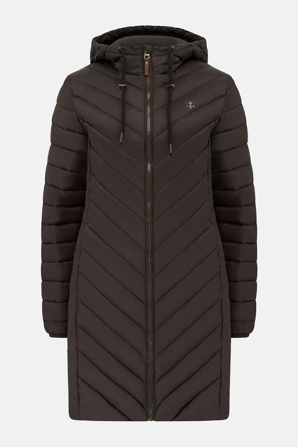 Woman wearing Lighthouse Laurel Cocoa padded coat front view