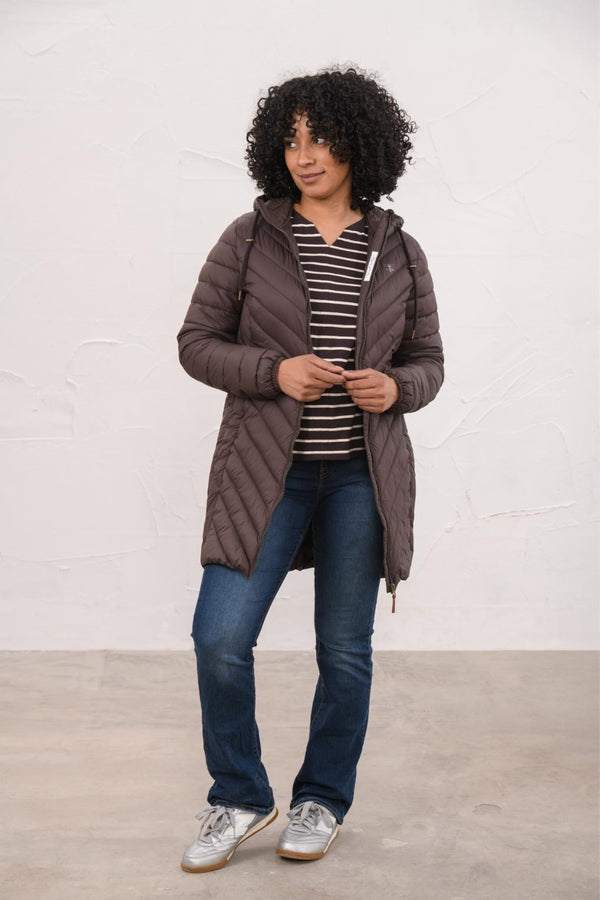 Woman wearing Lighthouse Laurel Cocoa padded coat front view