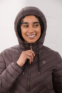 Lighthouse Laurel Cocoa coat with hood up front close-up