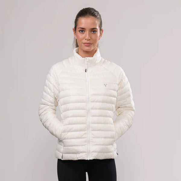 Mac in a Sac Nova women’s lightweight down jacket in Alpine White, model front
