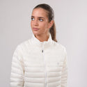 Mac in a Sac Nova women’s lightweight down jacket in Alpine White, model upper front
