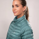 Mac in a Sac Nova women’s lightweight down jacket in Atlantic Teal, model upper front
