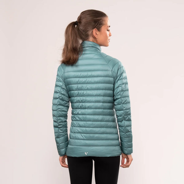 Mac in a Sac Nova women’s lightweight down jacket in Atlantic Teal, model back
