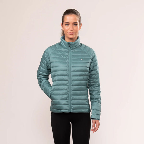 Mac in a Sac Nova women’s lightweight down jacket in Atlantic Teal, model full front
