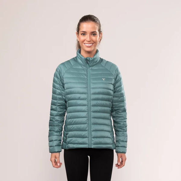 Mac in a Sac Nova women’s lightweight down jacket in Atlantic Teal, model front
