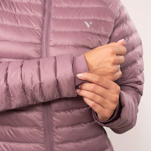 Mac in a Sac Nova women’s lightweight down jacket in Dusky Heather, cuff detail
