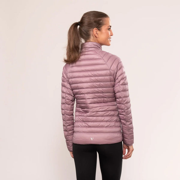 Mac in a Sac Nova women’s lightweight down jacket in Dusky Heather, model back
