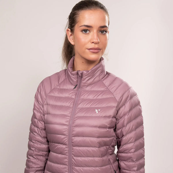 Mac in a Sac Nova women’s lightweight down jacket in Dusky Heather, model upper front
