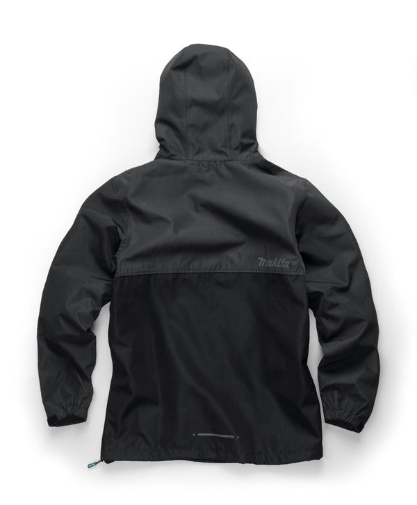 Black Makita Aero work jacket with a brand logo on the back against a white background