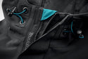 Close-up of a black jacket with blue interior lining and Makita brand logo.