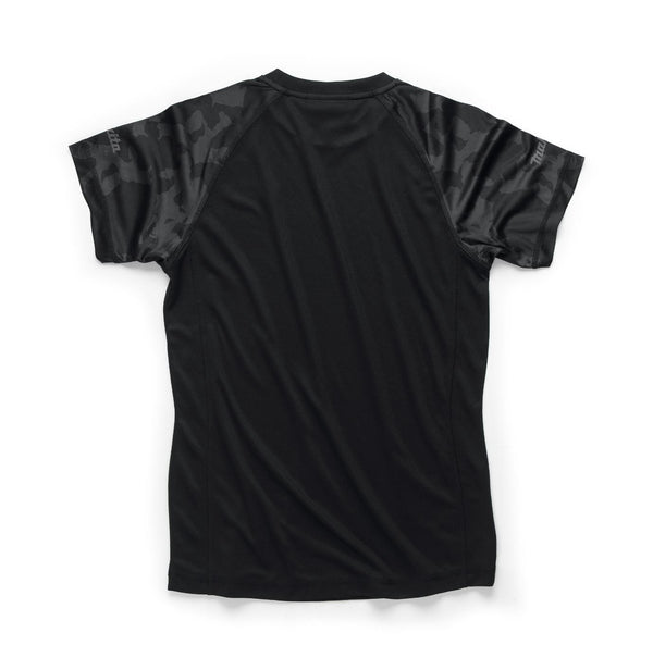 Black Makita womens t-shirt with camouflage sleeves on a white background