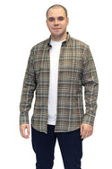 Mineral Men’s Justin Check Shirt unbuttoned in green – smart casual long sleeve shirt with logo embroidery