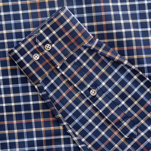 Close-up of Mineral Justin Check Shirt navy cuff buttoned