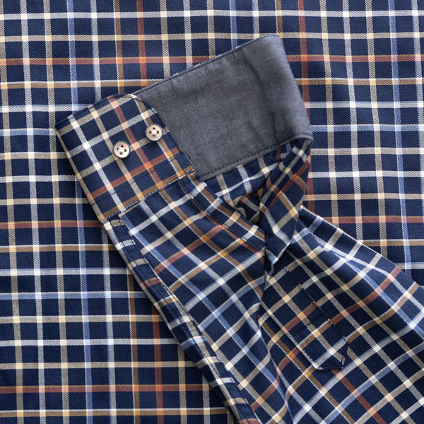 Close-up of Mineral Justin Check Shirt navy cuff