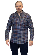 Mineral Men’s Justin Check Shirt in navy – cotton rich long sleeve with button-down collar