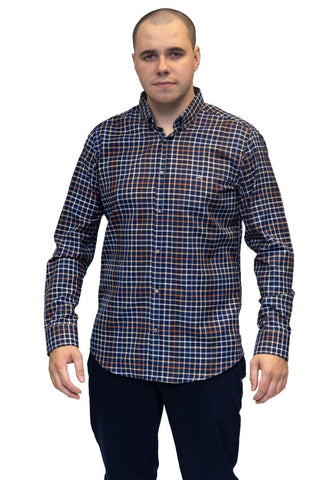 Mineral Men’s Justin Check Shirt in navy – cotton rich long sleeve with button-down collar