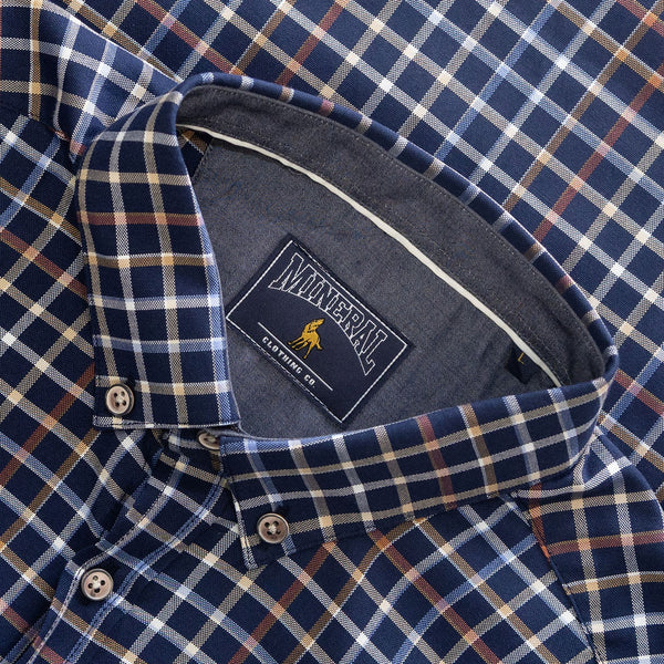 Close-up of Mineral Justin Check Shirt navy neckline
