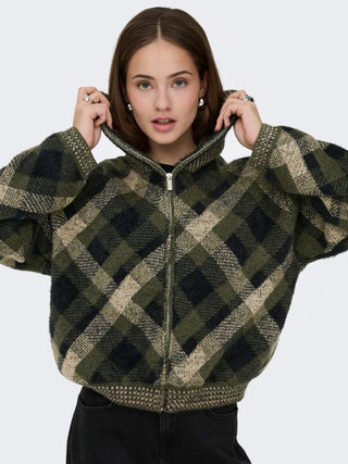 ONLY ONLMAROON Forest Night checked cardigan styled on model, front view