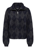 ONLY ONLMAROON women’s zip collar cardigan in Night Sky check, front view
