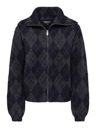 ONLY ONLMAROON women’s zip collar cardigan in Night Sky check, front view