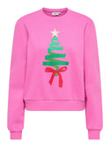 Pink ONLY ONLDA Christmas sweatshirt with glitter Christmas tree graphic on front

