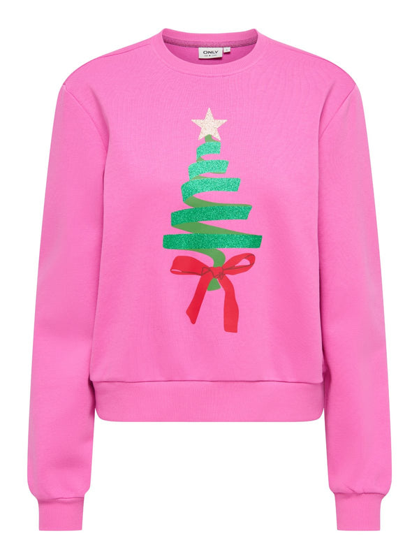 Pink ONLY ONLDA Christmas sweatshirt with glitter Christmas tree graphic on front

