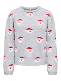 Light grey melange ONLY Snowie Christmas jumper with fluffy Santa face design, front view
