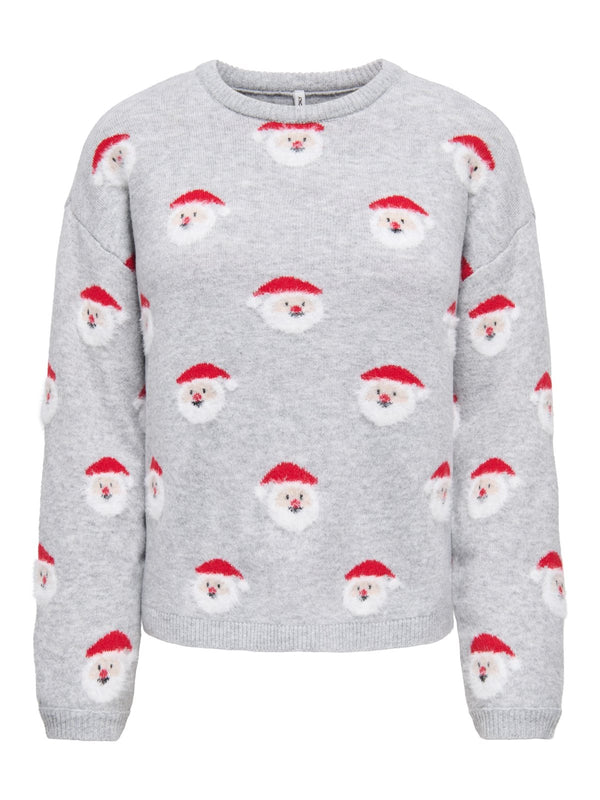 Light grey melange ONLY Snowie Christmas jumper with fluffy Santa face design, front view
