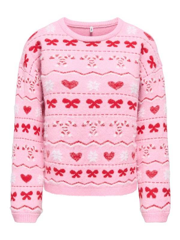 ONLY Snowie Christmas knitted jumper in pink with red bows, hearts and candy cane pattern, front view
