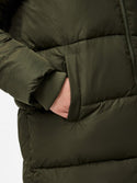 Detail view of PIECES PCBEE recycled polyester puffer jacket in Forest Green