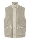PIECES Katty women’s teddy fleece gilet in Birch, front view with high neck, button fastening and drawstring pockets
