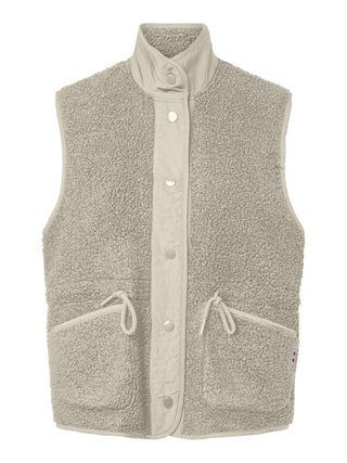 PIECES Katty women’s teddy fleece gilet in Birch, front view with high neck, button fastening and drawstring pockets
