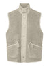 PIECES Katty women’s teddy fleece gilet in Birch, front view with high neck, button fastening and drawstring pockets
